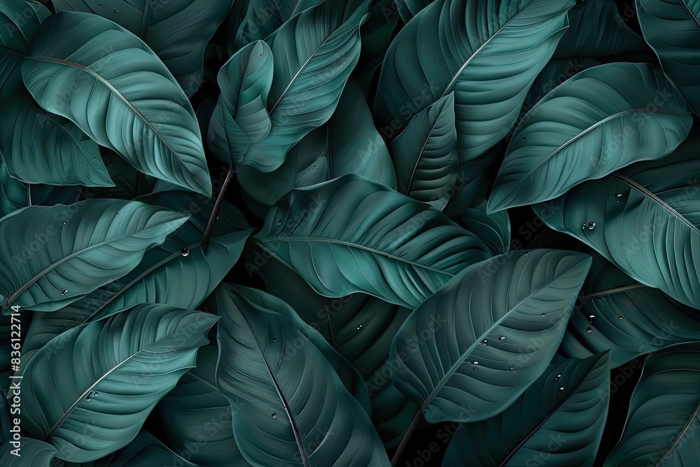 Poster Lush green leaves forming a dense, natural pattern, creating a serene and calming background ideal for nature-themed projects and designs.