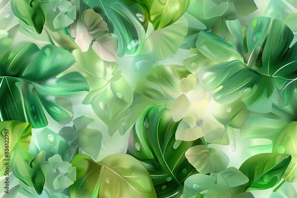 Poster seamless pattern of tropical green leaves with dew drops, creating a fresh and vibrant natural backg