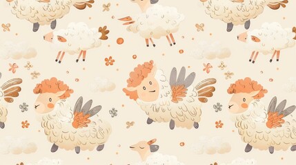  a pattern of cute cartoon sheep, square-backed winged creatures, whimsical enchanted creatures, cheerful anime illustrations