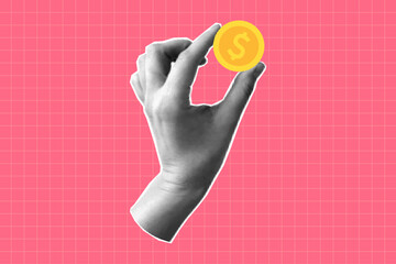 Halftone collage of a hand holding a dollar coin. Banner on a financial theme with money. Concept of payment and financial planning, saving. Paper cut element.