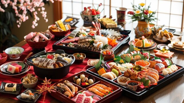 A traditional Japanese New Year spread with osechi ryori dishes arranged beautifully on a table