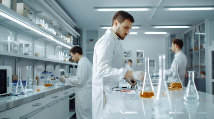 Fototapeta premium A group of young scientists work in a chemistry laboratory, blur effect in the background