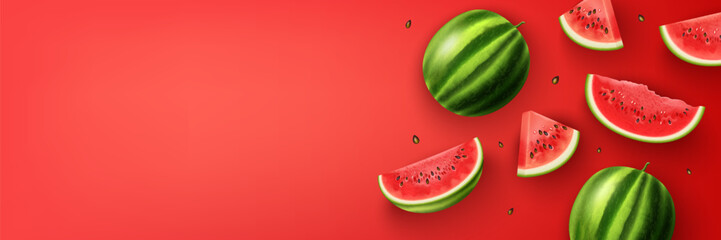 Falling watermelon 3D realistic fruit whole and pieces on red background with slices and seeds. Poster, banner mockup.