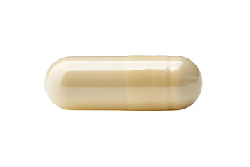 Close-up of a single beige capsule pill isolated on a white background, representing medication, supplement, or pharmaceutical concept.