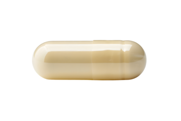 Close-up of a single beige capsule pill isolated on a white background, representing medication, supplement, or pharmaceutical concept.