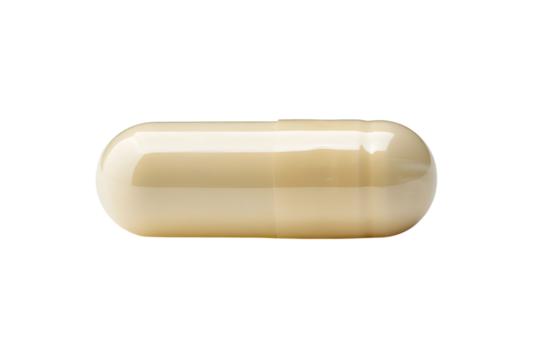 Close-up of a single beige capsule pill isolated on a white background, representing medication, supplement, or pharmaceutical concept.