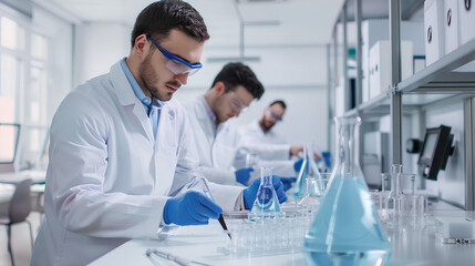 Fototapeta premium A group of young scientists work in a chemistry laboratory, blur effect in the background
