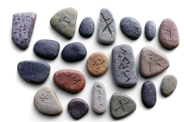An assortment of rune stones with different symbols, spread out on a transparent, white background, in png
