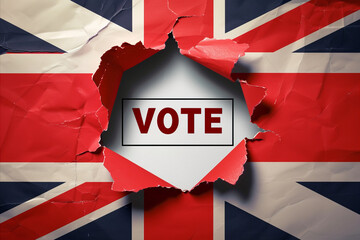 a hole ripped in union jack paper revealing the word vote