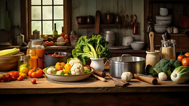 An assortment of fresh vegetables and cooking implements