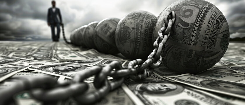 A man dragged by the weight of financial burden. A man is chained to a series of large, heavy balls, each imprinted with US dollar bills, as he walks away from a field of scattered cash