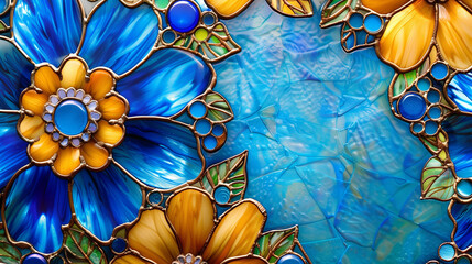 Stained-glass background wallpaper with blue flowers
