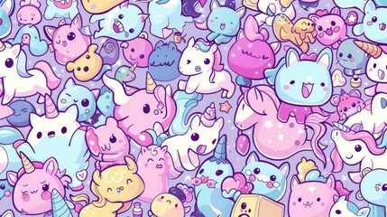  a pattern of cute cartoon unicorns, box-laden mystical beings, whimsical anime creatures, cute and colorful anime