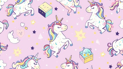  a pattern of cute cartoon unicorns, box-laden mystical beings, whimsical anime creatures, cute and colorful anime