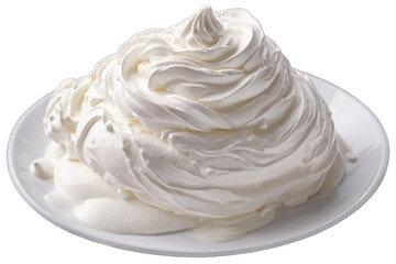 A luxurious swirl of whipped cream on a plate with a transparent png perfect for white background use