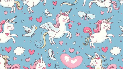  a pattern of cute cartoon unicorns, winged hearts and square packs, whimsical hand-drawn creatures, anime-inspired kids' designs