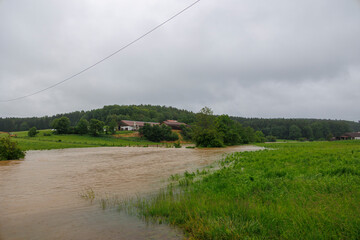 Meadows flooded by the high water of the Schwarzach stream in Germany, Bobingen Waldberg , 1 June...