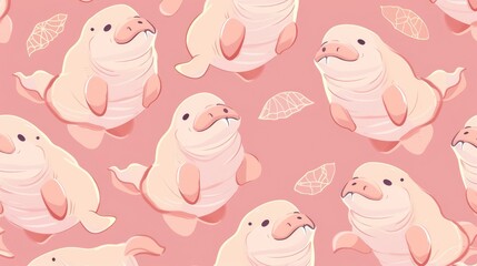  a pattern of cute cartoon walruses, boxed-back fairies, enchanted anime aesthetics, bright and cheerful anime