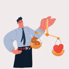 Cartoon vector illustration of man and life balance concept - hand holding scales and heart and sign of money on it. Making chose