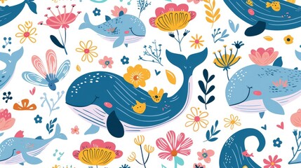 Naklejka premium a pattern of cute cartoon whales, square-box bearing fairies, whimsical enchanted creatures, bright anime scenes