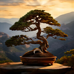 bonsai, upright, informal, juniper, China, Chinese, Japan, Japanese, pine, branches, regal, royal, mountain, forest, sunset, clouds, view, green, summer, sky, nature, tree, landscape
