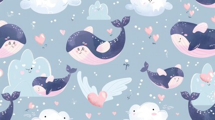 a pattern of cute cartoon whales, winged hearts in the sky, magical hand-drawn art, child-friendly anime drawings