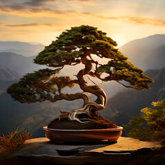bonsai, upright, informal, juniper, China, Chinese, Japan, Japanese, pine, branches, regal, royal, mountain, forest, sunset, clouds, view, green, summer, sky, nature, tree, landscape