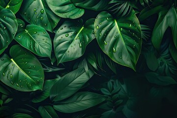 Close-up of lush, green tropical leaves with water droplets, creating a fresh, natural background ideal for nature and botanical themes.