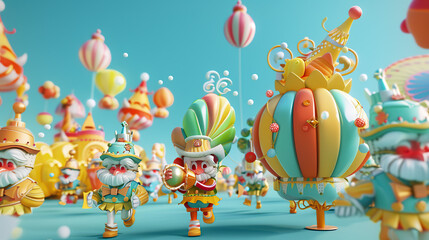 Obraz premium 3d Cartoon street parade with floats and dancers on isolate blue color background