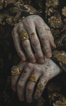 elaine ring, five rings & matching tattoo with hands, in the style of avant-garde ceramics, golden age 