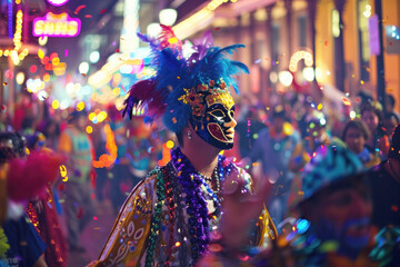 Mardi Gras Celebration: Colorful Masks and Costumes with Beads Flying Through Air