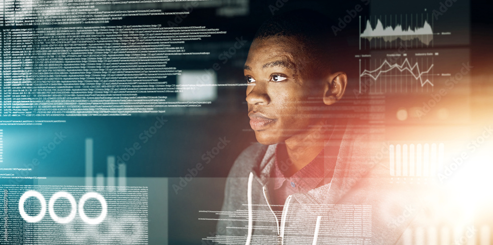 Poster Man, web developer and coding overlay with statistics for fintech app, reporting and chart software. Male person, programmer and hologram with graph, script and data analytics for financial review