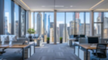 Blur background of office with city view and modern workstations. Urban office interior...