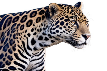 Fototapeta premium Detailed close-up of a jaguar's intense gaze and spotted fur, expertly cut out onto a transparent, white background as a png