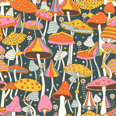 Colorful groovy cartoon psychodelic mushrooms, seamless pattern, hippie Y2k background, banner