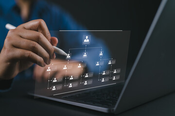 Organization chart with hierarchy structure of teams and employees in company. Business process and workflow automation with flowchart. Business and technology concept.