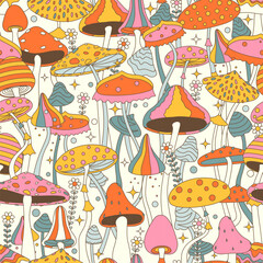 Colorful groovy cartoon psychodelic mushrooms, seamless pattern, hippie Y2k background, banner