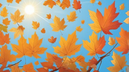Obraz premium Sunlight autumn leaves against blue sky background, Ai generated