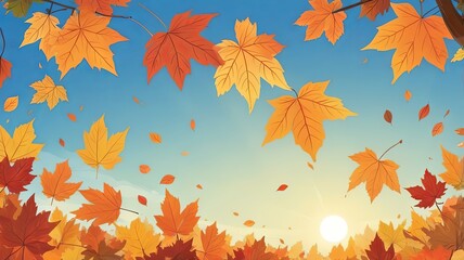 Sunlight autumn leaves against blue sky background, Ai generated