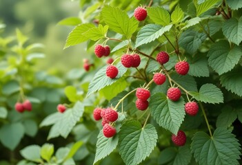 Ripe raspberries growing on a bush with green leaves in the background - Powered by Adobe