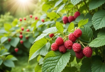 Ripe raspberries growing on a bush with green leaves in the background