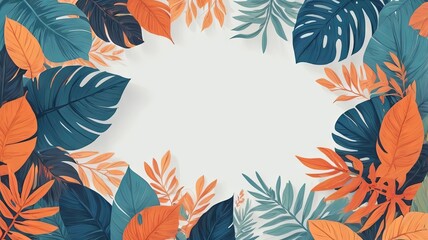 Tropical leaves frame autumn background with blue and orange, Ai generated