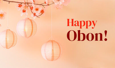 Happy Obon japanese festival and holiday concept background with paper lanterns and flowers.