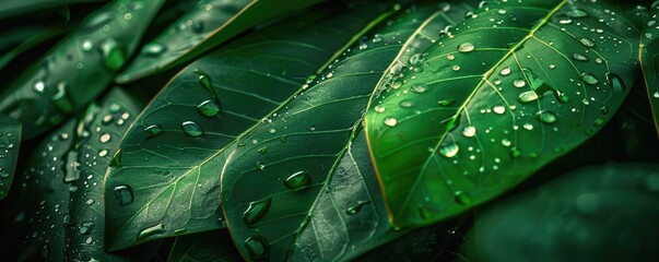 Fototapeta premium Close-up of lush green leaves with water droplets showcasing the beauty of nature in a serene and tranquil setting.