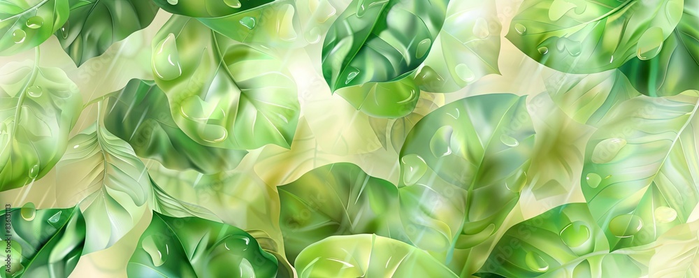 Poster Seamless green leaf pattern with soft focus, creating a natural and fresh background atmosphere, ideal for nature-themed designs.