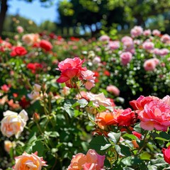 Beautiful garden filled with colorful blooming roses in various shades of pink and red during a sunny day.