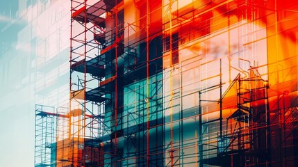 building under construction close up, focus on, copy space Vivid tones, Double exposure silhouette with scaffolding