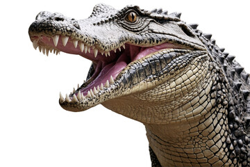 Fototapeta premium A detailed depiction of a crocodile with its mouth open, set against a transparent, white background in png format