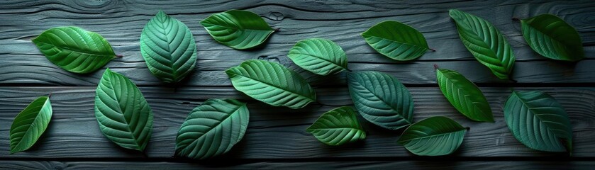 Obraz premium Green leaves laid out on a dark wooden background, creating a natural and fresh look. Ideal for nature-themed designs and backgrounds.