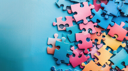 Puzzle pieces forming a picture on isolate color blue background